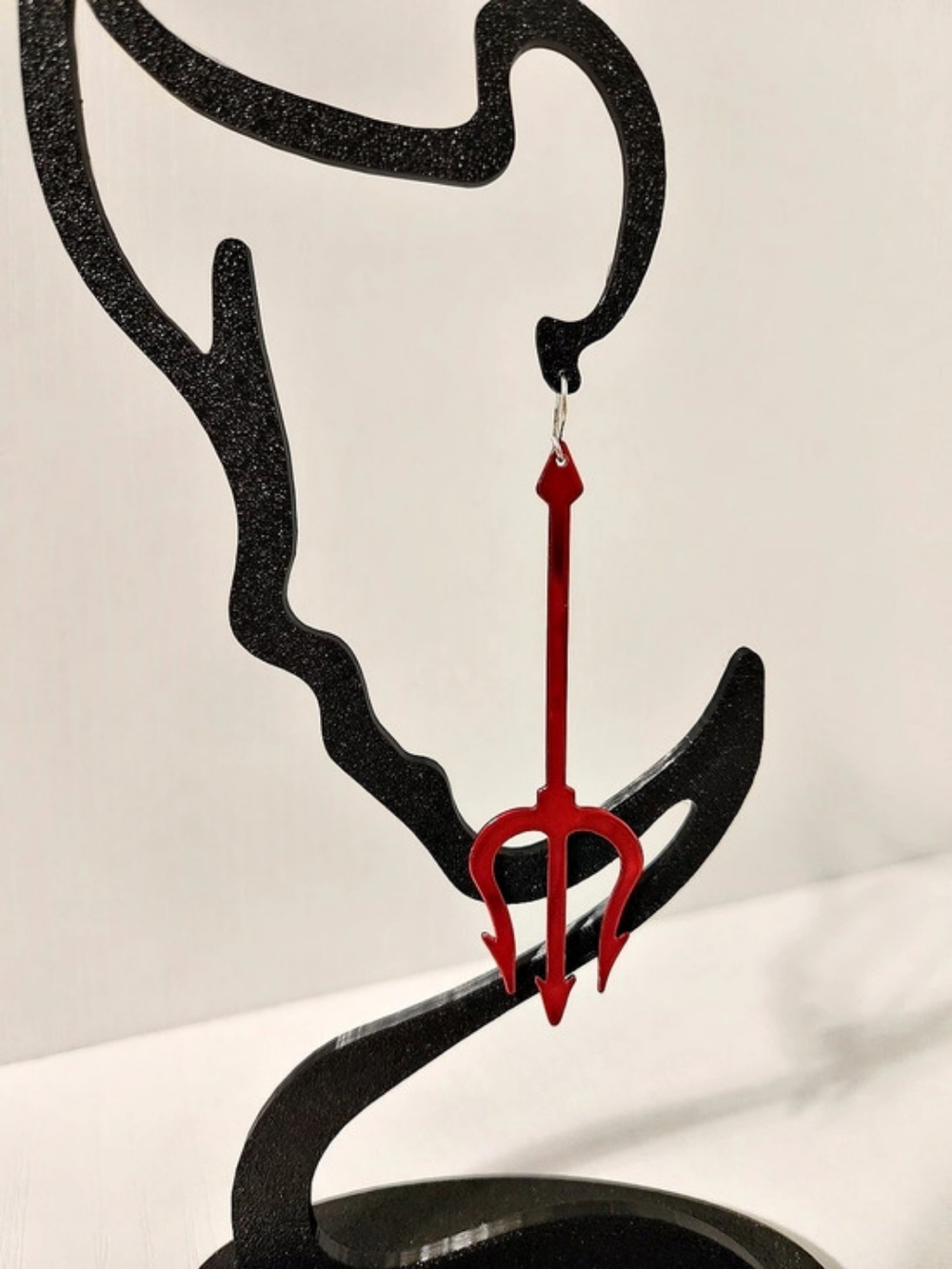 Red & Silver Trident Devil Pitchfork Drop Earrings